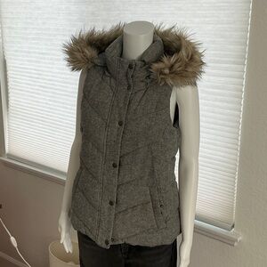 GAP Gray Puffer Vest with Faux Fur Hood